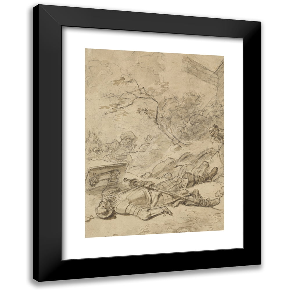 Jean-Honoré Fragonard 11x14 Black Modern Framed Museum Art Print Titled - Don Quixote Defeated by the Windmill (1780s)