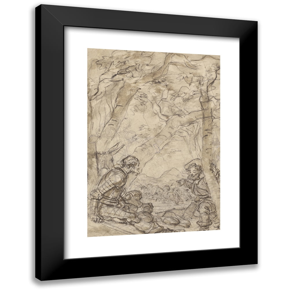 Jean-Honoré Fragonard 11x14 Black Modern Framed Museum Art Print Titled - Don Quixote and Sancho Panza Witness the Attack on Rocinante (1780s)