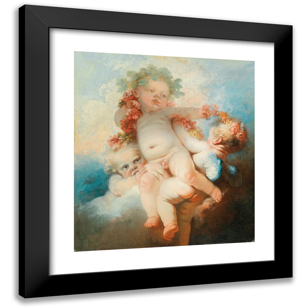 Jean-Honoré Fragonard 12x13 Black Modern Framed Museum Art Print Titled - Three Putti Crowned with Flowers