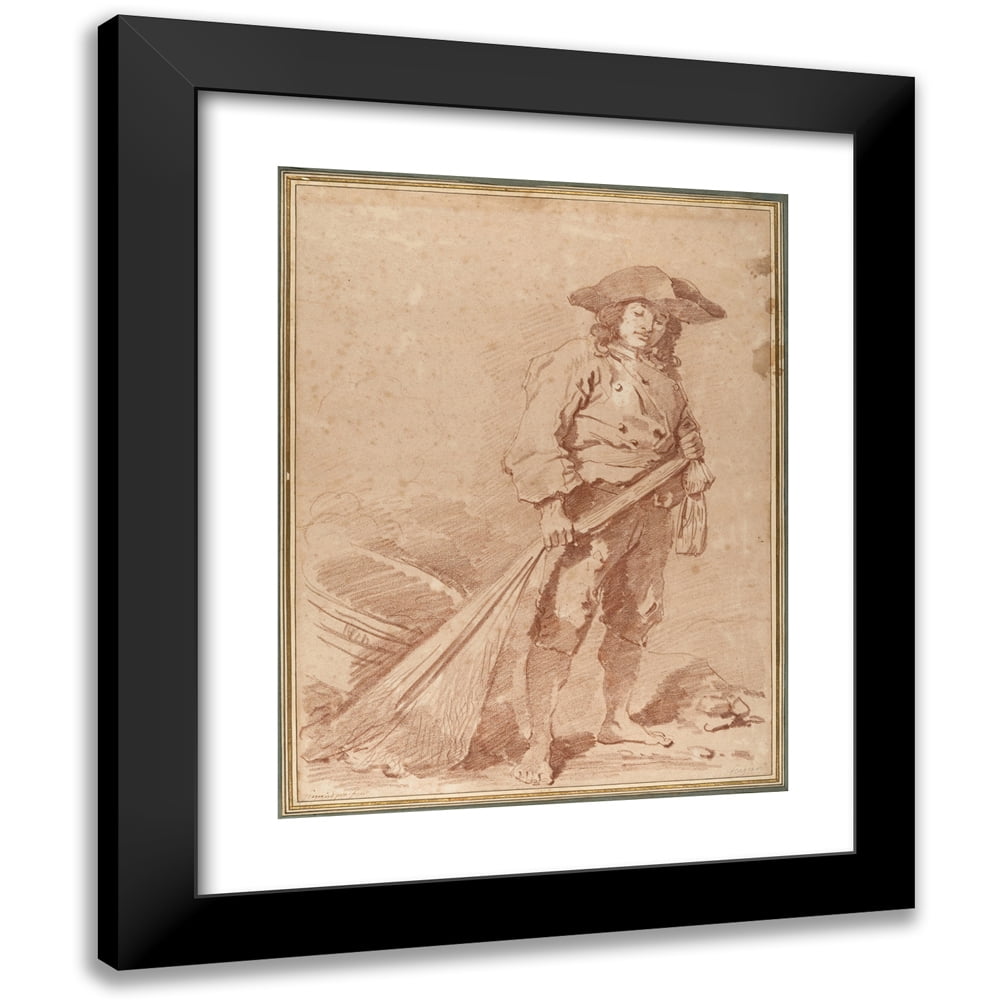 Jean-Honoré Fragonard 12x14 Black Modern Framed Museum Art Print Titled - A Fisherman Pulling a Net (1774)