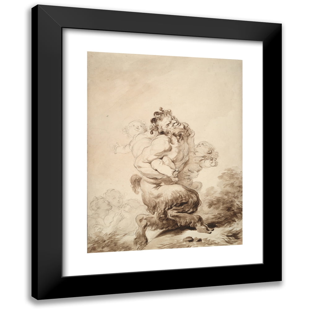 Jean-Honoré Fragonard 12x14 Black Modern Framed Museum Art Print Titled - A Satyr Teased by Two&nbsp;Putti (ca.&nbsp;1774-80)