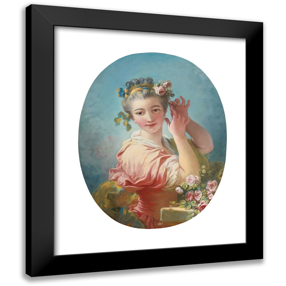 Jean-Honoré Fragonard 12x14 Black Modern Framed Museum Art Print Titled - A Young Woman Adorning Her Powdered Coiffure with a Spray of Roses