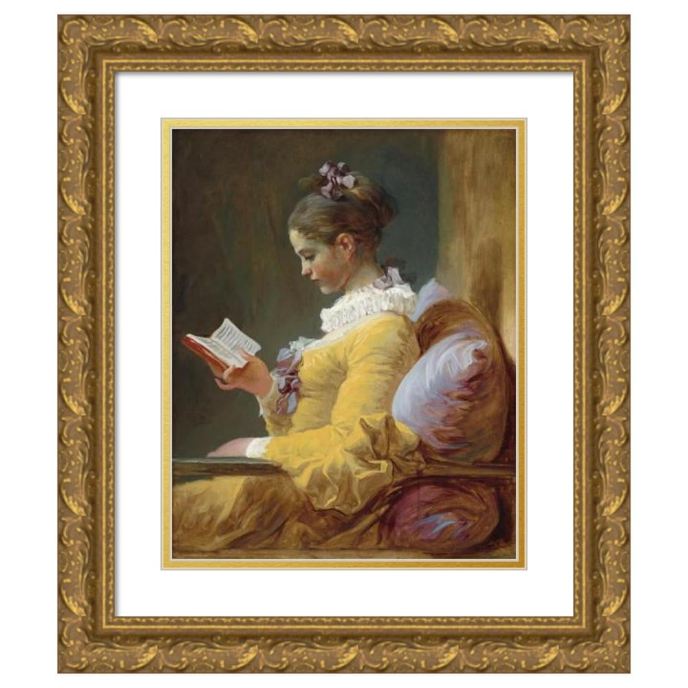 Jean-Honoré Fragonard 12x14 Gold Ornate Wood Frame and Double Matted Museum Art Print Titled - Young Girl Reading (C. 1769)