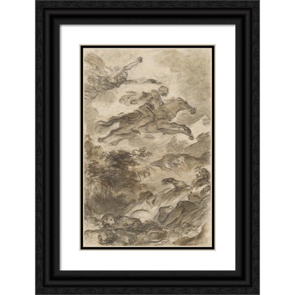 Jean-Honoré Fragonard 13x18 Black Ornate Wood Framed Double Matted Museum Art Print Titled - Rinaldo, Astride Baiardo, Flies off in Pursuit of Angelica (C. 1795)