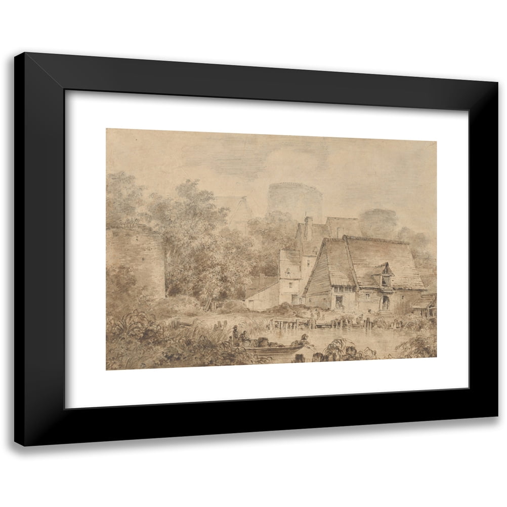 Jean-Honoré Fragonard 14x11 Black Modern Framed Museum Art Print Titled - Farm Buildings Beside a Waterway (ca. 1765-70)