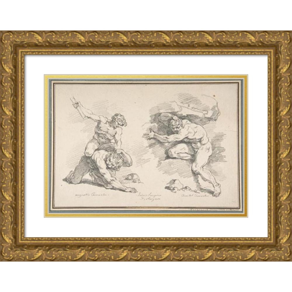 Jean-Honoré Fragonard 14x11 Gold Ornate Wood Frame and Double Matted Museum Art Print Titled - Hercules and Cacus, After Annibale Carracci, and the Destruction of Enceladus, After Agostino C