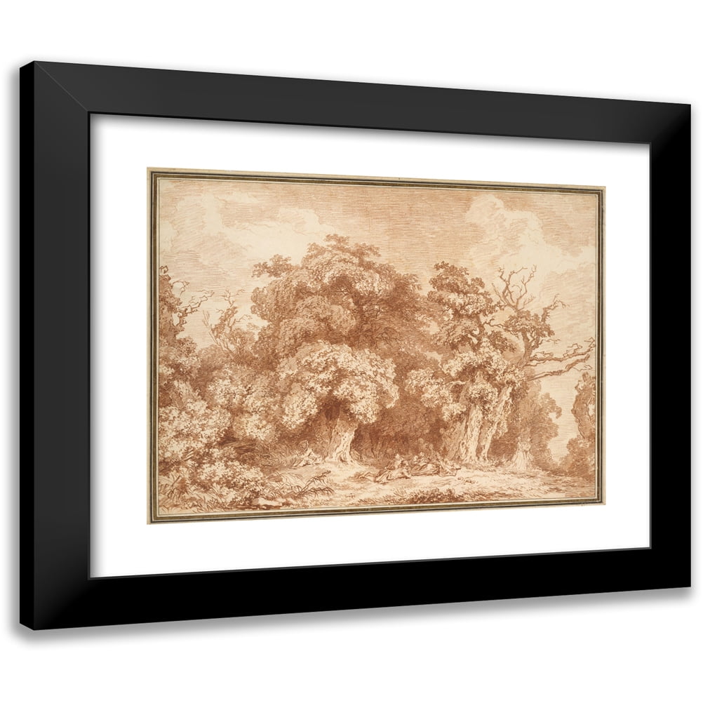 Jean-Honoré Fragonard 14x12 Black Modern Framed Museum Art Print Titled - A Gathering at Wood's Edge (ca. 1770-73)