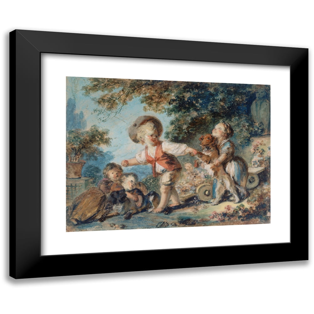 Jean-Honoré Fragonard 14x12 Black Modern Framed Museum Art Print Titled - Children Playing with Two Dogs
