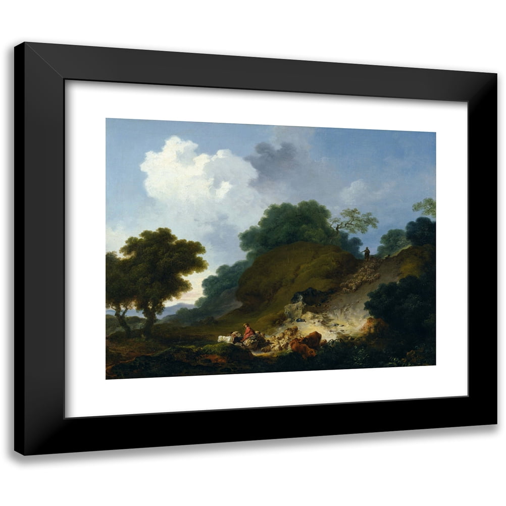 Jean-Honoré Fragonard 14x12 Black Modern Framed Museum Art Print Titled - Landscape with Shepherds and Flock of Sheep