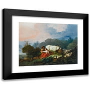 Jean-Honoré Fragonard 14x12 Black Modern Framed Museum Art Print Titled - Pastoral Landscape with a Shepherd and Shepherdess at Rest