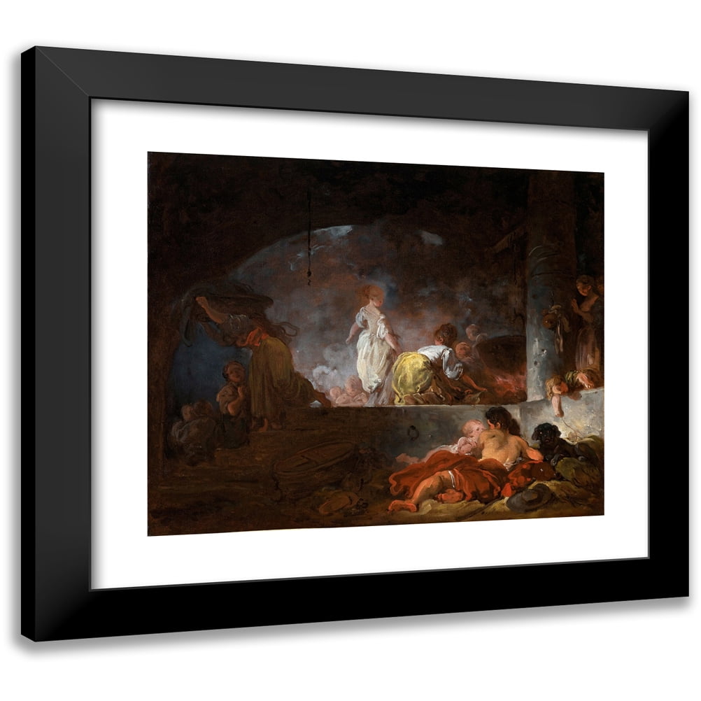 Jean-Honoré Fragonard 14x12 Black Modern Framed Museum Art Print Titled - The Laundresses (C.1756-61)