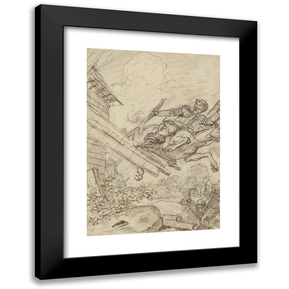 Jean-Honoré Fragonard 14x18 Black Modern Framed Museum Art Print Titled - Don Quixote Attacking the Windmill (1780s)
