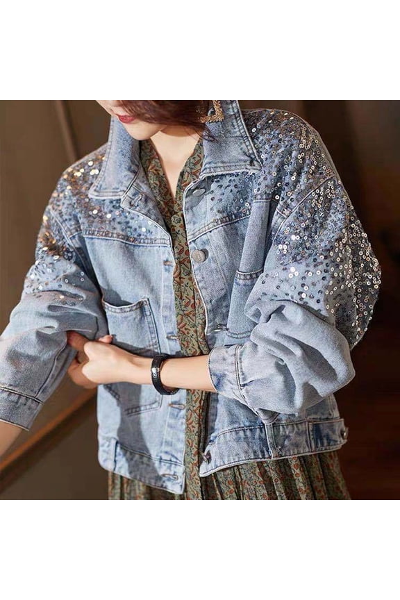 Jean Jacket Coats Sequins Denim Jacket Womens Sparkly Shoulder Oversized Button Long Sleeve Jean Coat for Festival Vacation Party Blue M