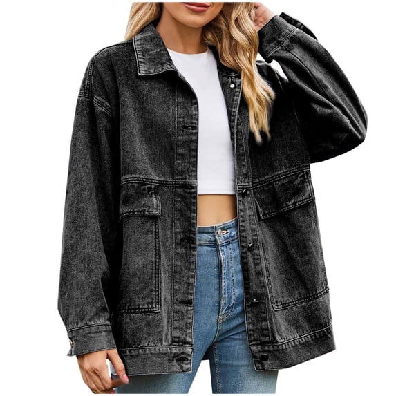 Jean Jacket Coats Women's Oversized Denim Jacket Long Sleeve Boyfriends Vintage Jean Jackets Button Coat with Pockets Streetwear Oversized Denim Jacket Lady Gray L