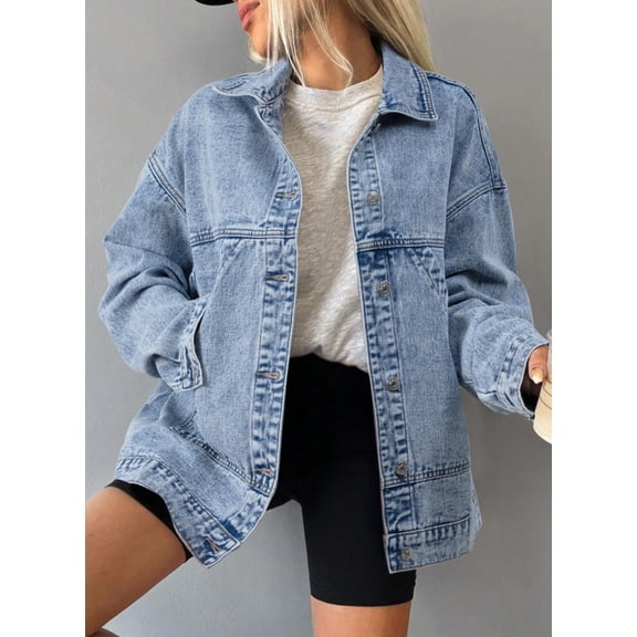 Jean Jacket Denim Jackets for Women Long Sleeve Button Down Shirt Jacket Drop Shoulder Button Front Jean Shacket with Pockets