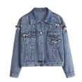thumbnail image 1 of Jean Jacket Frayed Washed Button Fall Denim Oversize Casual Fashion Shirts Long Sleeve Boyfriend for Women Blue M, 1 of 6