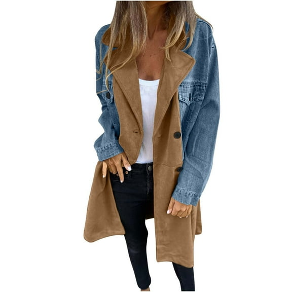Jean Jacket Lady Womens Mid Length Trench Coat, Denim Patchwork Denim Button Jacket, Plus Size Long Sleeve Jean Jackets Outerwear Khaki 3XL