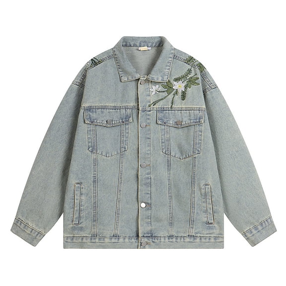 Jean Jacket Men Vintage Casual Loose Fit Stand Collar Long Sleeved Lapel Work Denim Jackets Fashion Distressed Outerwear Fall Winte Trucker Jean Coat With Pocket Blue XL