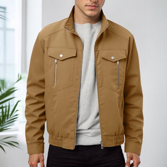 Jean Jacket Men Vintage Casual Slim Fit Long Sleeved Stand Collar Denim Jackets Fashion Distressed Outerwear Streetwear Fall Winte Trucker Jean Coat With Pocket Khaki XL