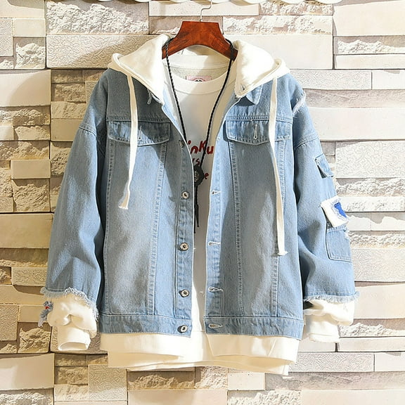 Jean Jacket Men Vintage Hooded Fashion Distressed Stand Collar Long Sleeved Denim Jackets Casual Slim Fit Streetwear Fall Winte Trucker Jean Coat With Pocket Light Blue XXXL