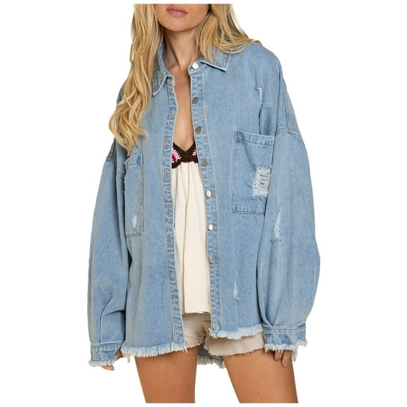 Jean Jacket Men Women's Fashion Long-Sleeved Casual Button Loose Jacket with Burrs and Holes Oversized Jean Jacket for Women S-66 Blue L