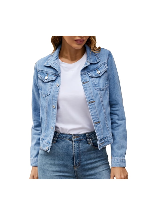 Jean Jacket Women Basic Solid Color Button Down Denim Cotton with Pockets Denim Coat Jackets for Women Blue L
