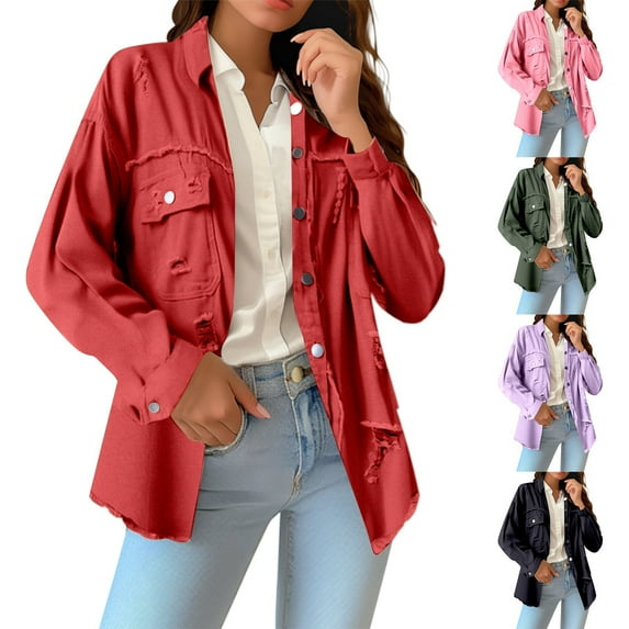 Jean Jacket Women Denim Shirts Jacket Women Solid Color Holey Long Sleeves Jean Jacket Denim Jacket Women Light Purple XL