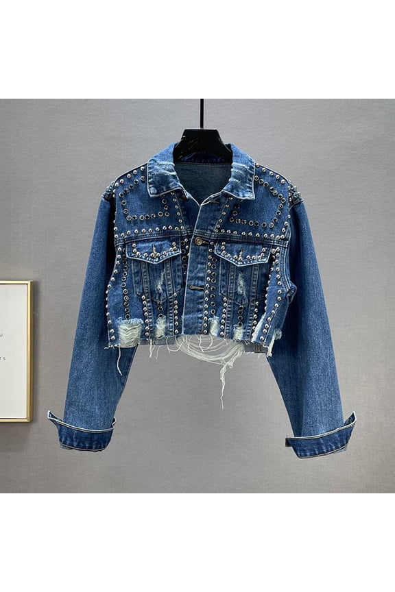 Jean Jacket Women Denim Top Heavy Craft Rivet Rhinestone Denim Jacket For An Embellished Edgy Street Style Jean Jacket
