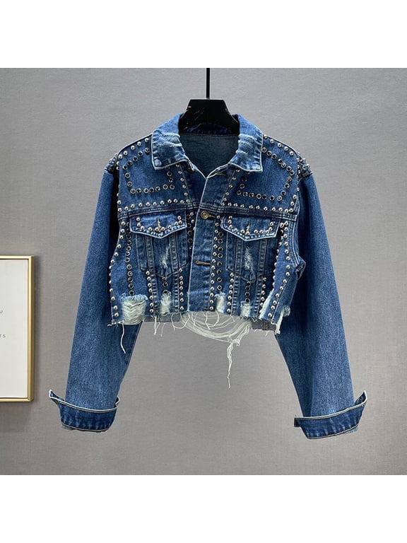 Jean Jacket Women Denim Top Heavy Craft Rivet Rhinestone Denim Jacket For An Embellished Edgy Street Style Jean Jacket