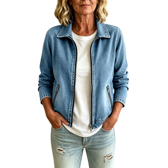 Jean Jacket Women Distressed Zipper Front Collared Long Sleeve Casual Outerwear With Pockets Trendy Denim Jackets for Daily Wear