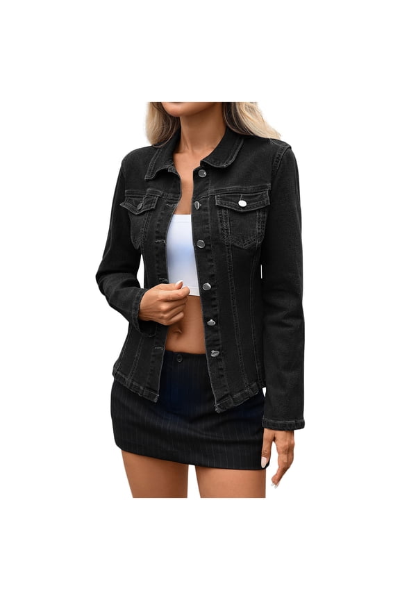 Jean Jacket Women Sevevn Women's Basic Button Down Stretch Fitted Long Sleeves Denim Jean Jacket