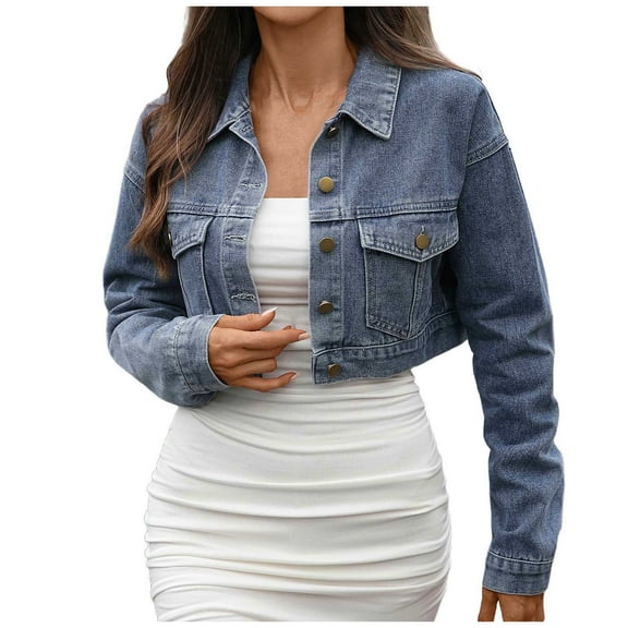 Jean Jacket Women Sevevn Women's Washed Distressed Denim Jacket Long Sleeve Ripped Button Up Cropped Jean Jacket