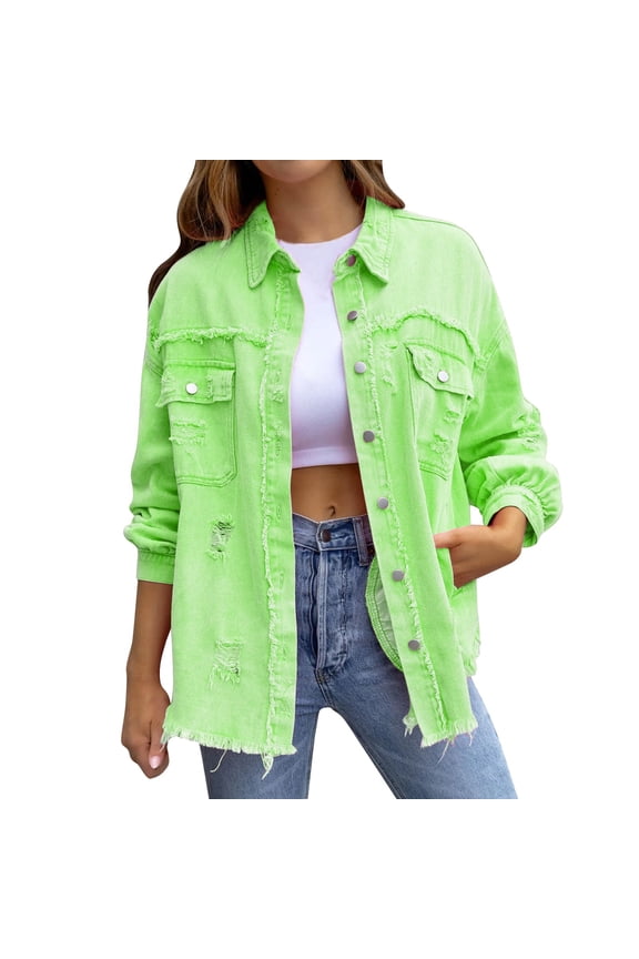Jean Jacket Women Trendy Ripped Oversized Denim Casual Long Boyfriend Distressed Denim Jackets for Women Green XXL