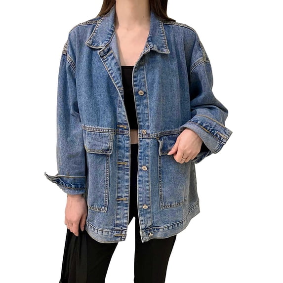 Jean Jacket for Women Trendy, Yigetop Women's Loose Fitting and Versatile Denim Jacket with Large Pockets Mid Length Style Top. Womens Jean Jacket Blue XL