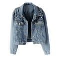 thumbnail image 1 of Jean Jacket Women's Blue Long Sleeve Jacket Pocket Beading Casual Short Outwear Coat Oversized Jean Jacket S-208 Blue L, 1 of 8