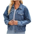 thumbnail image 1 of Jean Jacket for Girls Women Loose Denim Jacket, Pearls Short Jeans Coat, Loose Fitting Button Denim Outwear Jackets Blue XL, 1 of 6