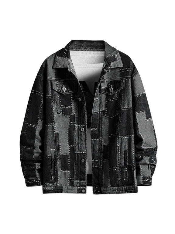 Jean Jacket for Men Color Block Patchwork Lapel Button Down Long Sleeve With Pocket Casual Denim Outwear