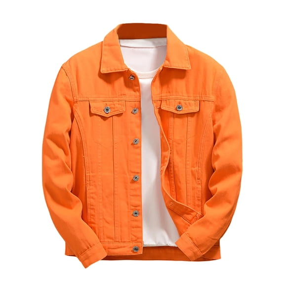 Jean Jacket for Men Orange Lapel Button Down Loose Casual Denim Jacket Coat with Pockets