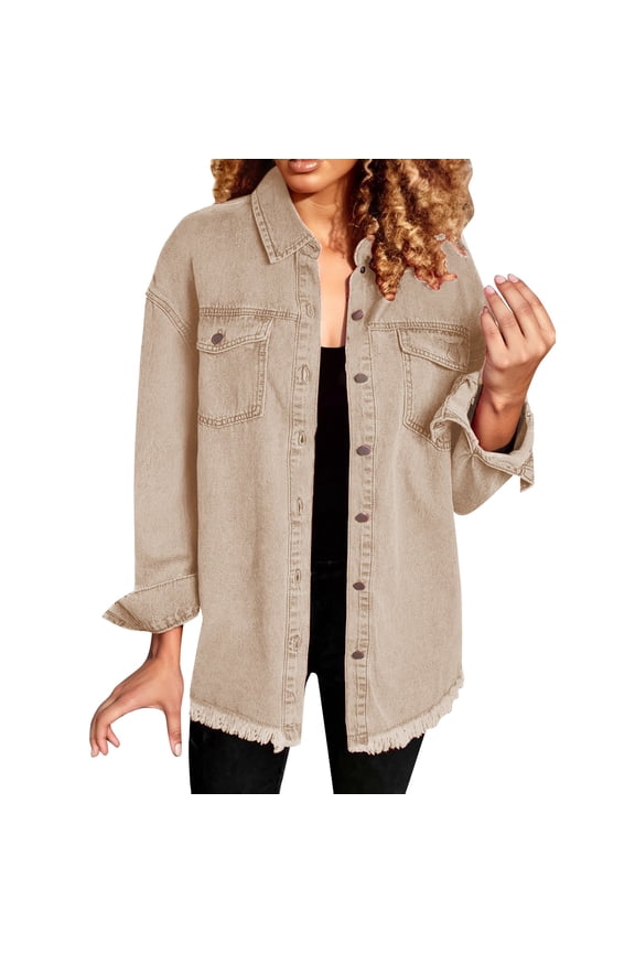 Jean Jacket for Women Casual Long Sleeve Button Denim Shirts Distressed Denim Jackets Shacket Distressed Frayed Hem Denim Shacket Khaki L