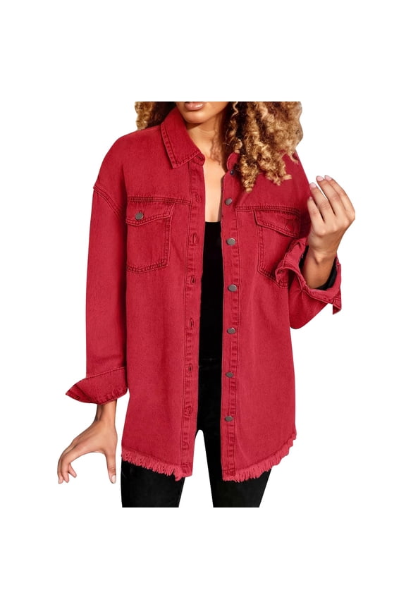 Jean Jacket for Women Casual Long Sleeve Button Denim Shirts Distressed Denim Jackets Shacket Distressed Frayed Hem Denim Shacket Red L