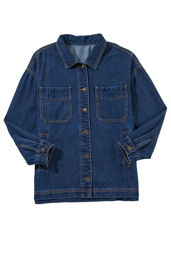 Jean Jacket for Women Distressed Long Sleeve Oversized Denim Trucker Jackets Coat Blue L