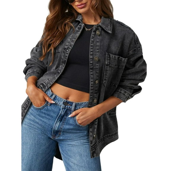 Jean Jacket for Women Distressed Long Sleeve Oversized Denim Trucker Jackets Coat Gray M