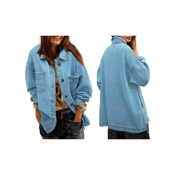 Jean Jacket for Women Distressed Long Sleeve Oversized Denim Trucker Jackets Coat Light Blue XXL