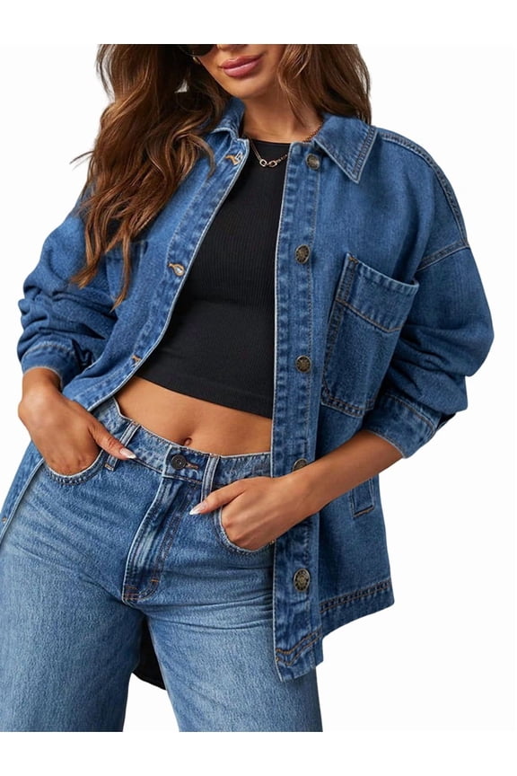 Jean Jacket for Women Distressed Long Sleeve Oversized Denim Trucker Jackets Coat Royal Blue M