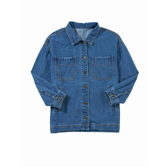 Jean Jacket for Women Distressed Long Sleeve Oversized Denim Trucker Jackets Coat Royal Blue XL