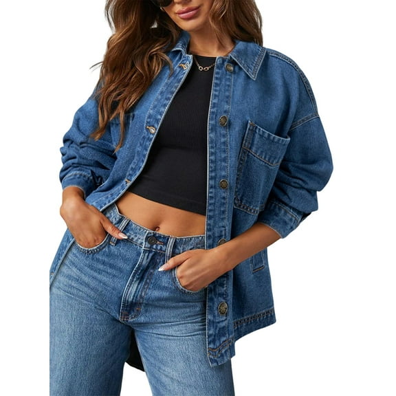 Jean Jacket for Women Distressed Long Sleeve Oversized Denim Trucker Jackets Coat Royal Blue XXL