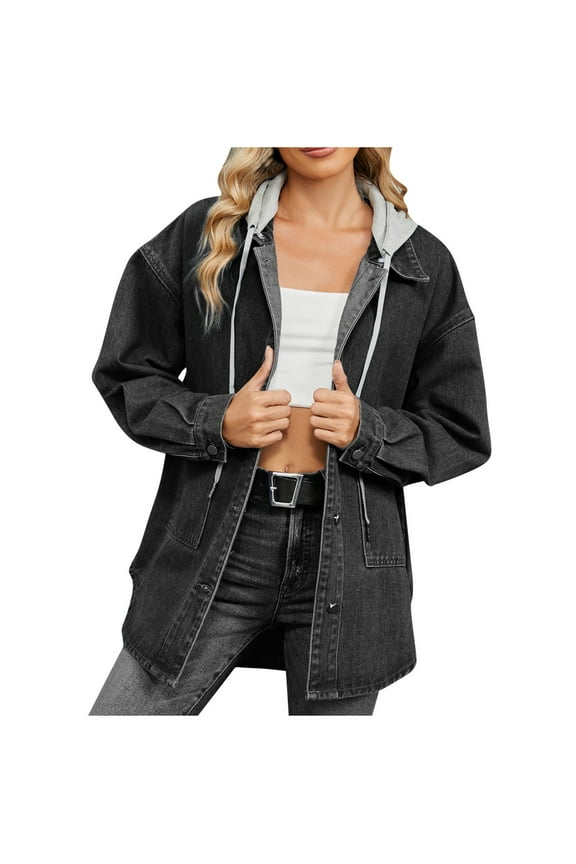 Jean Jacket for Women Distressed Long Sleeve Oversized Denim Trucker Jackets Coat Zip up Hoodie,Womens Long Sleeve Sweatshirt S-52 Black L