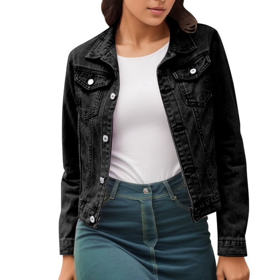 Jean Jacket for Women Solid Color Lapel Button Down Basic Denim Jacket Coat with Pockets