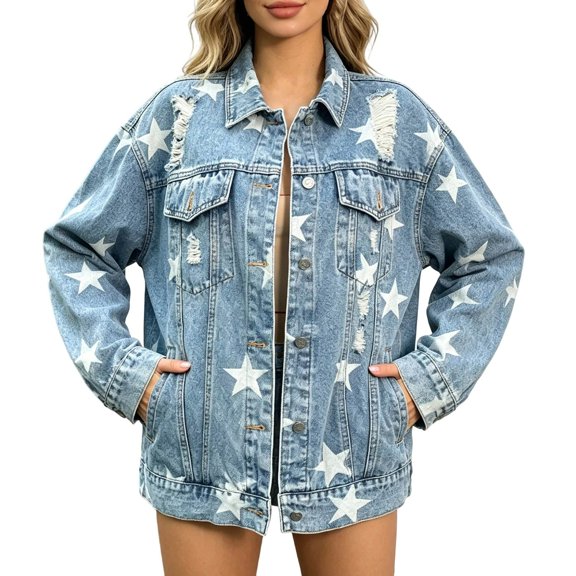 Jean Jacket for Women Star Print Ripped Lapel Button Down Washed Blue Long Sleeve Casual Denim Outwear