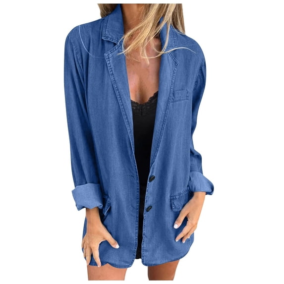 Jean Jacket for Women Summer Oversized Work Long Sleeve Button Lightweight Loose Fit Denim Casual Coate
